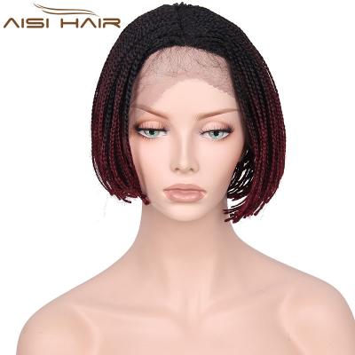 China Red Lace Front Wig Bob Style Wig Heat Resistant Glueless Ombre Box Braid Hair Two Tone Color Lace Front Wigs Synthetic Short Straight Black for sale