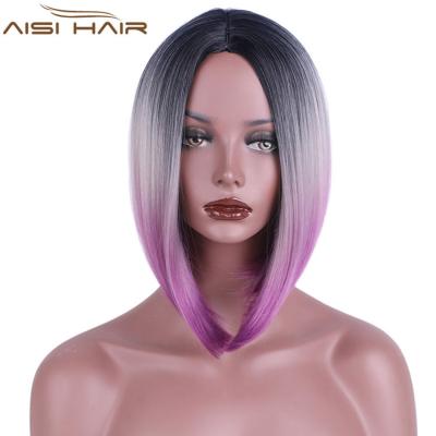 China Good Quality Silky Straight Wholesale Cheap Wave Price Short Ombre Straight Gray Purple Synthetic Bob Wigs For Colored Women for sale