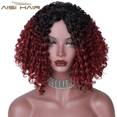 China Wholesale Price Wine Red Ombre Hair Afro Kinky Curly Wig Bob Heat Resistant Synthetic Wig Short Curly Wig For Black Women for sale