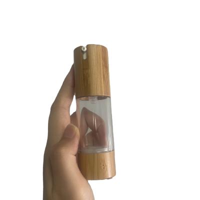 China 15ml 30ml 50ml Cosmetic Packaging Bamboo Cosmetic Pump Airless Bottle With Bamboo Cap for sale