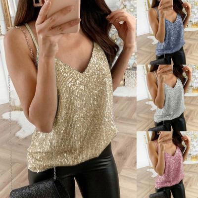 China 2022 Women's Summer New Sexy V-neck Shiny Silver Dot Pearl Camisole T-shirt QUICK DRY for sale