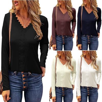 China 2022 New QUICK DRY Women's Lace Bottoming Shirt V-neck Long Sleeve T-shirt Women for sale