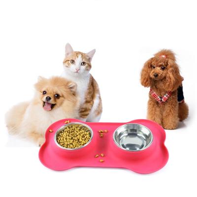 China Viable Wholesale Silicone Non-slip Mat Manufacturer Dog Cat Feeder Double Bowl Stainless Steel Pet Food Bowl for sale