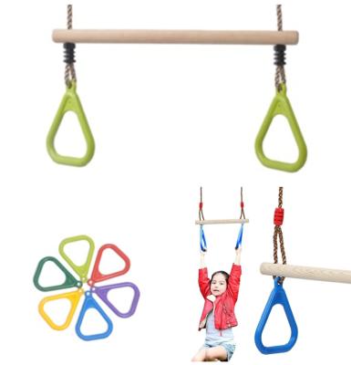 China Modern Wholesale Kids Adjustable Rope Set Trapeze Swing With Rings Wooden Bar Plastic Gym Rings for sale