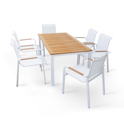 China Eco-friendly modern simple style factory price dining set outdoor synthetic teak chair dining set mesh textile outdoor chair for sale for sale