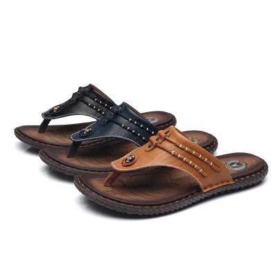 China 2020 Summer Anti-slippery Men Leather Flip Flops Arab Brown Fashion Light Weight Suture Persone Non-slip Rubber Flip Flop Slipper Sole Slide for sale