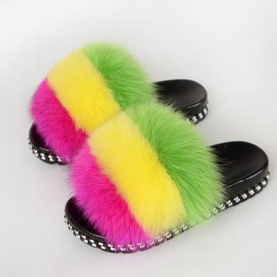 China Lightweight Real Fur Slippers Slides Sandals /Wholesale Women Custom Fox Raccoon Fur Slipper Shoe Big Fur Slippers Girl for sale