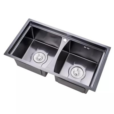 China Without faucet black drop in bowl304 stainless steel handmade double kitchen sink with basket strainer for sale