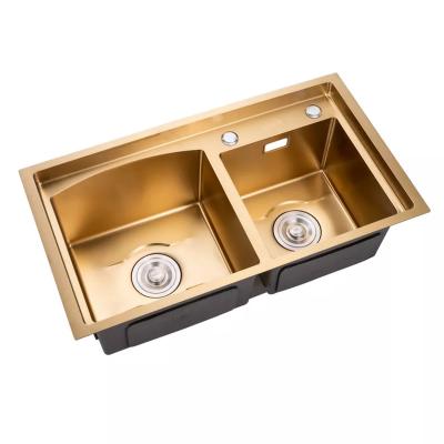 China Without Luxury Handmade Double Two Faucet Fashion Casual 2 Double Faucet Stainless Steel Gold Stainless Steel Kitchen Sink Basin for sale