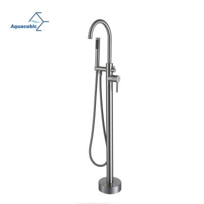 China Certified Aquacubic Freestanding Bath Tub Floor Slide Bar cUPC Free Brushed Nickel Brass Faucets With Hand Shower for sale