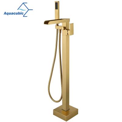 China Freestanding Square Slae Gold Slide Bar Floor Mount Luxury Bathtub Free Standing Slae Bathroom Faucets With Hand Shower for sale