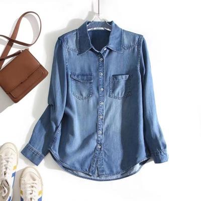 China Lady 2023 Casual Jeans Pockets Korean Style Minimalist Fashionae Denim Shirts Anti-pilling Blouses New Autumn Spring Women Tops for sale