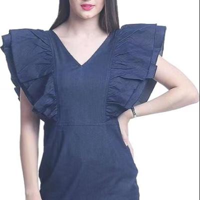 China Anti-Static Women's Ruffle Sleeve Denim Shift Dress Designer Mini Party Dress Summer Flying Dress for sale