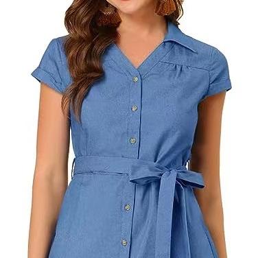 China 2023 Anti-Static Shirt Dress For Women's Short Sleeve Button Down Elegant Belted Denim Dress Office Ladies Dresses for sale