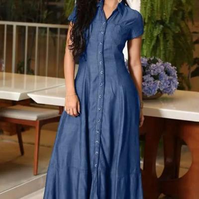 China Female Anti-Wrinkle Short Sleeve Dress With Pockets Loose Big Swing Denim Dress Stylish Casual Outfits Solid Color Long Dresses Plus Size for sale