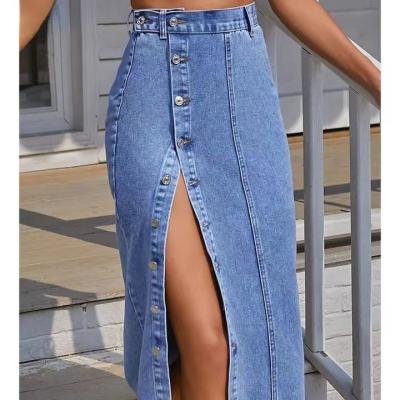 China Anti-Static 2023 Women's Button Line One Side Split High Waist Denim Skirt Lady Black Blue Midi Jean Skirts Autumn Winter Long Office Skirt for sale