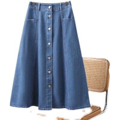 China 2023 Anti-static Women's Button Waist Denim Skirt Office Lady Blue Jean Skirts Spring Autumn Skirt High Long for sale