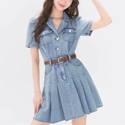 China Anti-static denim pleated dress women's summer suit collar waist short skirt office workers dress 2023 new mini for sale