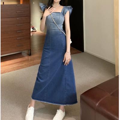 China 2023 summer new denim fly sleeve girl dress fashion trend lady skirt anti-wrinkle small gradient belt dress for sale