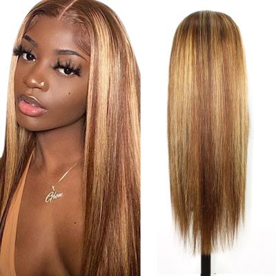 China Remy HD 360 Lace Front Human Hair Wigs Highlight Wave Silky Straight Lace Front Wig Ombre Brown Honey Blonde Wig Colored 13x6 Full for sale