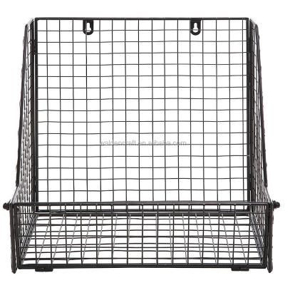 China Durable Black Wall Mounted Metal Wire Towel Basket Magazine File Organizer Hanging Rack for sale