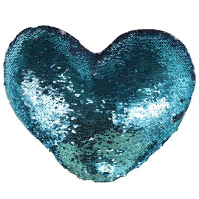 China New Design Mermaid Magical Reversible Sequin Memory Blue Seat Heart Shape Pillow for sale