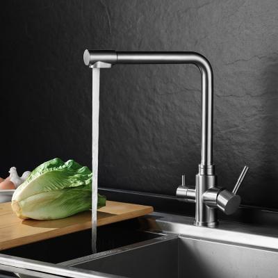 China Modern Double Handles SUS304 Stainless Steel 3 Way Health Water Filter Kitchen Sink Faucet for sale