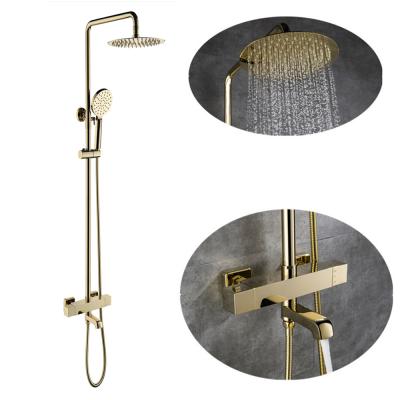 China With Slide Bar Thermostatic Brass 3 Function Bath Rain Exposed Gold Shower Set Mixer Tap Faucet System for sale