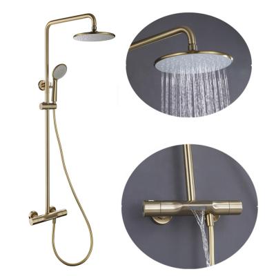 China With Sliding Bar 3 Function Gold Bath Rain Shower Brass Surface Finish Exposed System And Shower Set Mixer Tap Faucet Faucet System for sale