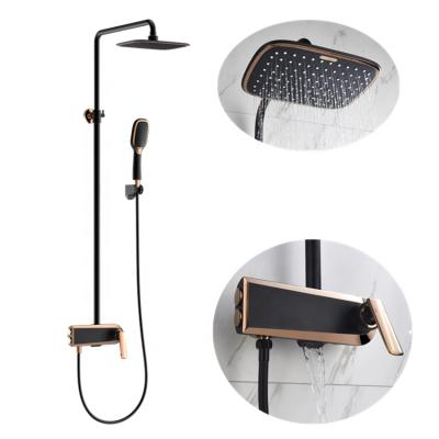 China With Wall Mounted Black Rose Gold Brass Bathroom Rain Shower Mixer Waterfall Shower Faucet Sets New Design Slide Bar Fashion Sanitary Ware for sale