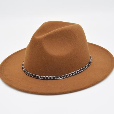 China Luxury Elegant Wide Fedora Hats Women Polyester Faux Brim Wool Trilby Wide Felt Hat With Metal Chains Decoration for sale