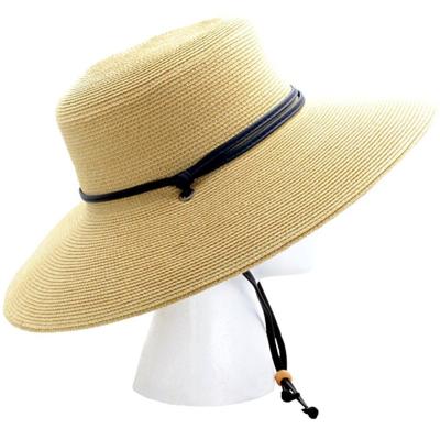 China Custom Women's Wide Brim Braided Sun Hat With Lanyard Light Brown UPF 50+ Sun Maximum Wind Protection for sale