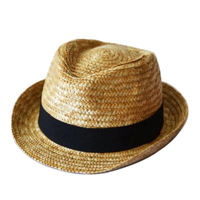 China Machine Sewing Natural Straw Children Fedora Hat Kids Black Ribbon for sale