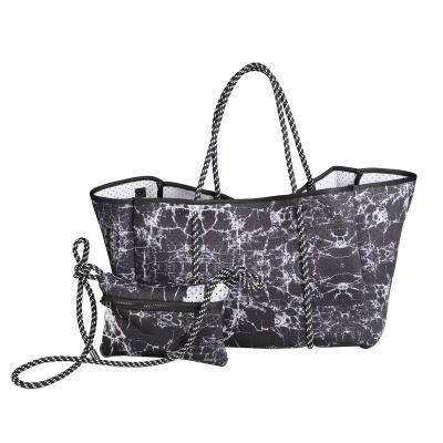 China Other New Arrival Marble Tie Dye Perforated Large Neoprene Beach Tote Bag Shoulder Bag for sale