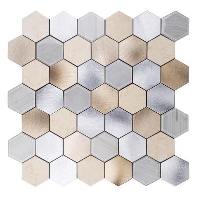 China Parquet Peel and Stick Hexagon Metal Glass and Stone Mosaic Slabs for sale