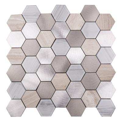 China Hexagonal Slab Backsplash of Parquet Mosaic Glass Stone and Gray Wood Peel and Stick for sale