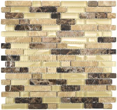 China Linear Beige Stone Emperador Mosaic Parquet And Wall Glass Stone Slab for sale