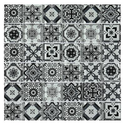 China Parquet Arabesque Flower Design Crystal Glass Black And White Antique Mosaic Slabs for sale