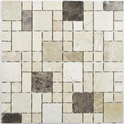 China Parquet Crema Marfil with Emperador light and dark marble mosaic slab for sale