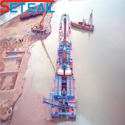 China Chain Bucket River Sand Gold Dredge with Lifting Winch and Hull Dimension 23m-49m for sale