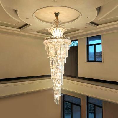 China Spiral Design Large Crystal Chandelier Gold Chrome Hall Chandeliers Long Staircase Light Fixtures , Luxury Crystal Lighting for sale