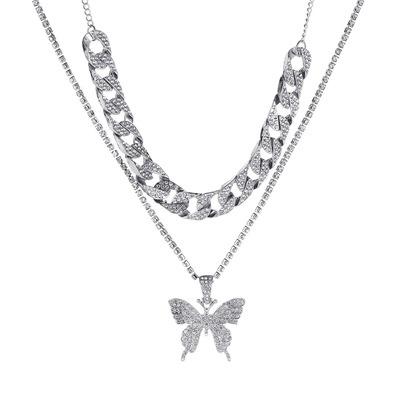 China Female Cuba full diamondd personality layer necklace large butterfly chain neck chain fashion chunky ouble sweater large chain for sale