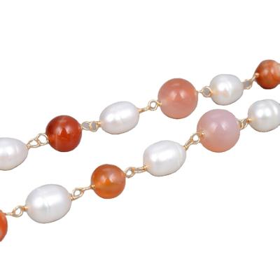 China CLASSIC Natural Red Carnelian Agates Pearl White Rice GG Long Sweater Chain Necklace For Women for sale