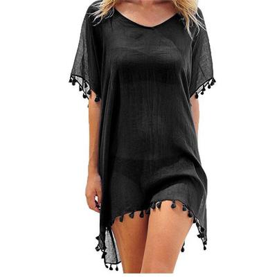 China 2021 Spandex/Nylon Chiffon Tassels Beach Wear Women Swimsuit Cover Up Summer Mini Dress Loose Solid Pareo Beachwear Swimwear Cover Ups for sale