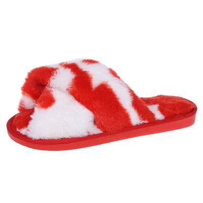 China Custom Factory Trend Fashion Pattern Fluffy Fur Slipper Winter Plush Casual Shoes Stock Cow Slippers Flats Women's Slippers for sale