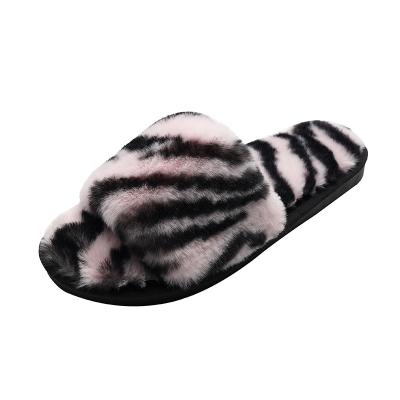 China Fashion Trend Stripe Plush Fur Slipper Ladies Fluffy Shoes New Arrival Custom Fashion Rubber Anti-skid Slippers Flats Women's Slippers for sale