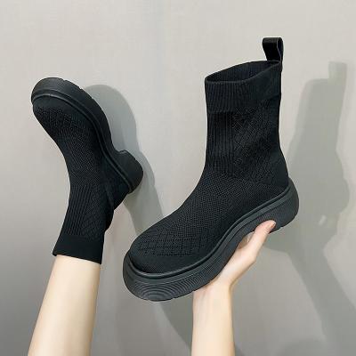 China Wholesale Round Fly Woven Lightweight Vamp Stretch Boots Ladies Flat Heel Ankle Boots for sale