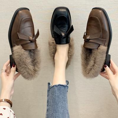 China Luxury Woman Autumn Furry Muller Shoes Toe Mules Fur Shoes Fashion Square Fur Thermal Winter Bow for sale