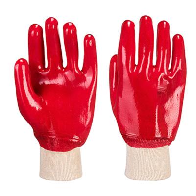 China Durable 2021 Water Oil Proof Red PVC Fully Coated Gloves With Cotton Knit Wrist for sale