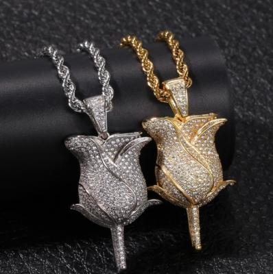 China New Hiphop Iced Out Rose Flower Pendant Gold Chain Men's Necklace Luxury Jewelry CZ Stones Gift Copper Hiphop Wholesale for sale